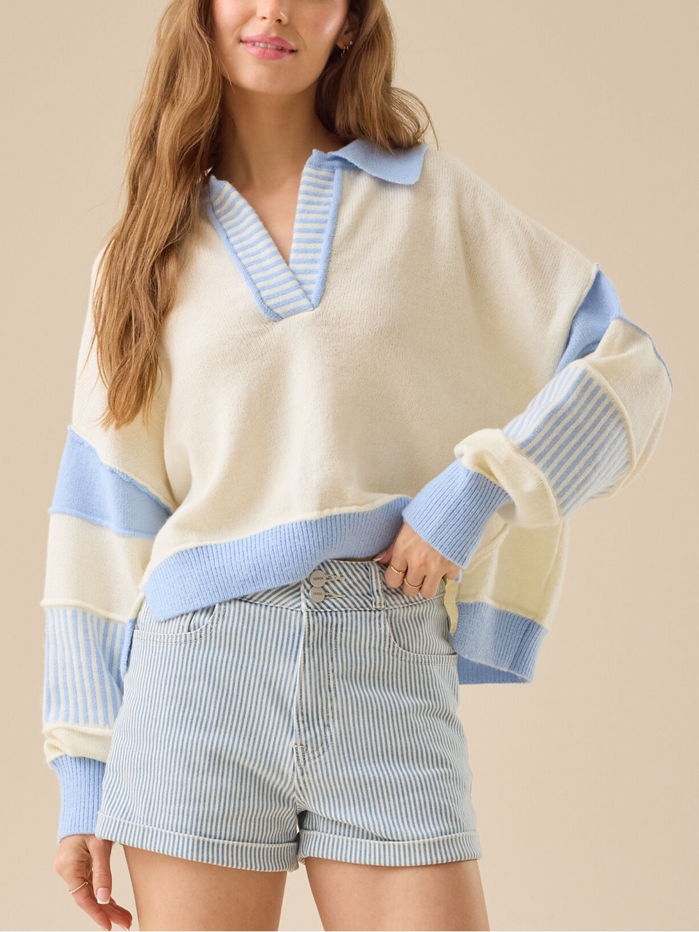 NWT Altar'd State Beth Crop Mixed Media Pullover Blue Top